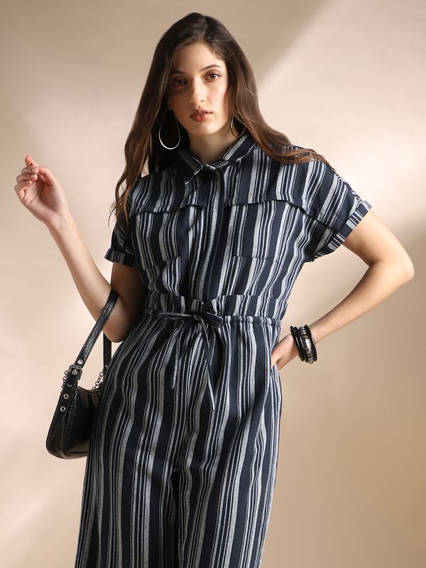 Globus Women Navy Blue Striped Extended Sleeves Collared Neck Waist Tie-Ups Wide Leg Jumpsuit