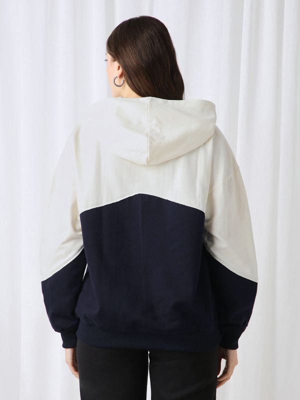Globus Women Navy Blue Colorblock Drop Shoulder Sleeves Ribbed Hem Hooded Oversized Heavy Fleece Sweatshirt