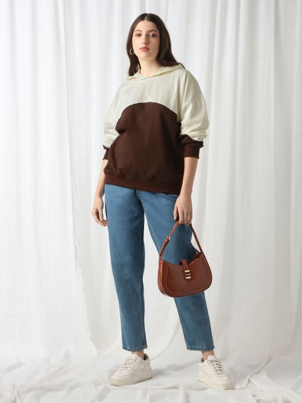 Globus Women Brown Colorblock Drop Shoulder Sleeves Ribbed Hem Hooded Oversized Heavy Fleece Sweatshirt