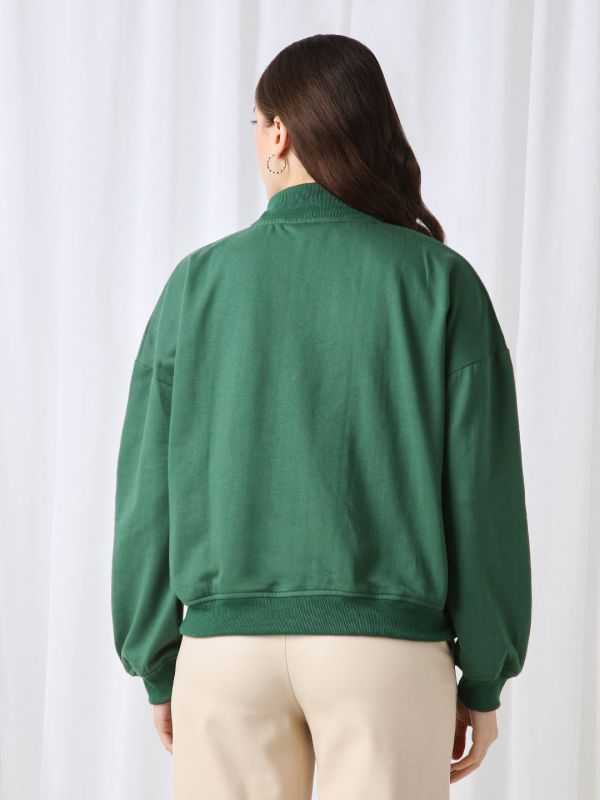 Globus Women Green Drop Shoulder Sleeves Half Zipper High Neck Ribbed Hem Oversized Heavy Fleece Sweatshirt