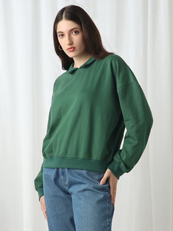 Globus Women Green Collared Neck Drop Shoulder Sleeves Ribbed Hem Oversized Heavy Fleece Sweatshirt