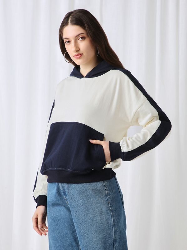 Globus Women Navy Blue Colorblock Drop Shoulder Sleeves Kangaroo Pocket Hooded Oversized Heavy Fleece Sweatshirt