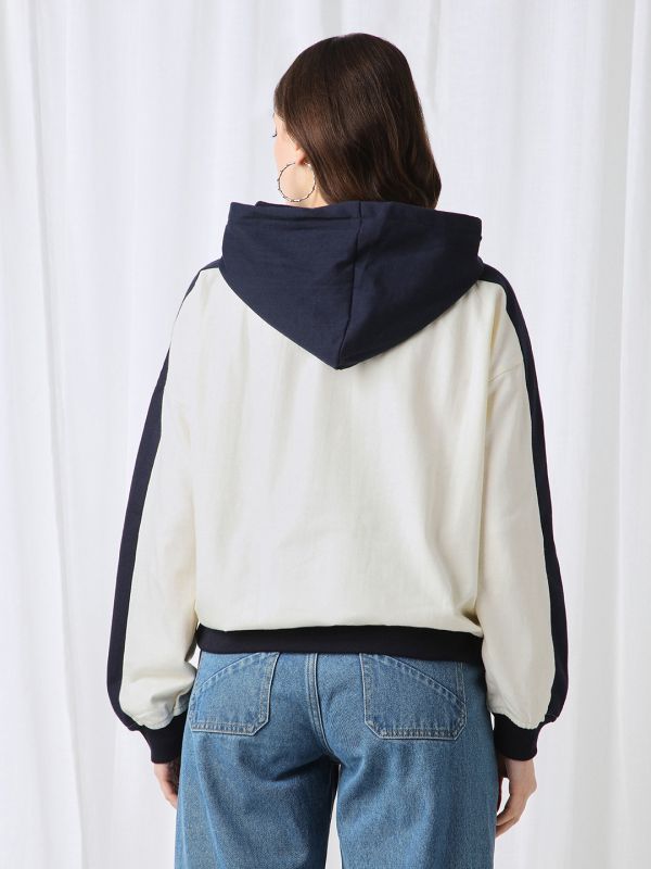 Globus Women Navy Blue Colorblock Drop Shoulder Sleeves Kangaroo Pocket Hooded Oversized Heavy Fleece Sweatshirt