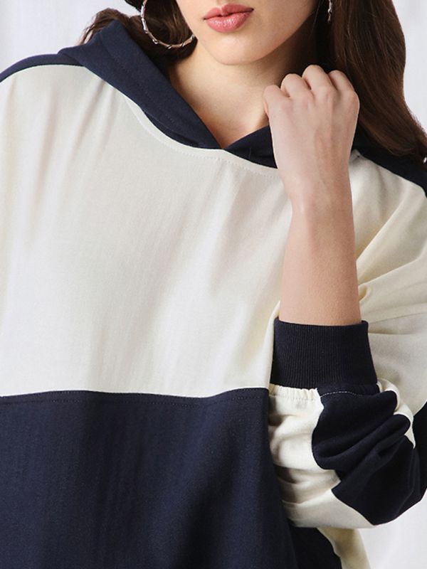 Globus Women Navy Blue Colorblock Drop Shoulder Sleeves Kangaroo Pocket Hooded Oversized Heavy Fleece Sweatshirt