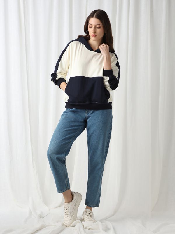 Globus Women Navy Blue Colorblock Drop Shoulder Sleeves Kangaroo Pocket Hooded Oversized Heavy Fleece Sweatshirt
