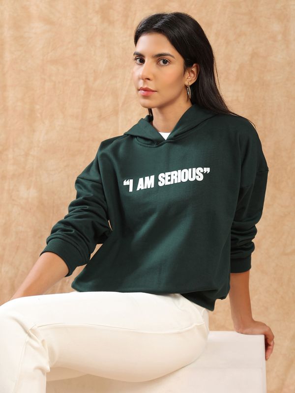 Globus Women Green Typography Print Drop Shoulder Sleeves Detail Hooded Ribbed Hem Pullover Oversized Heavy Fleece Sweatshirt 