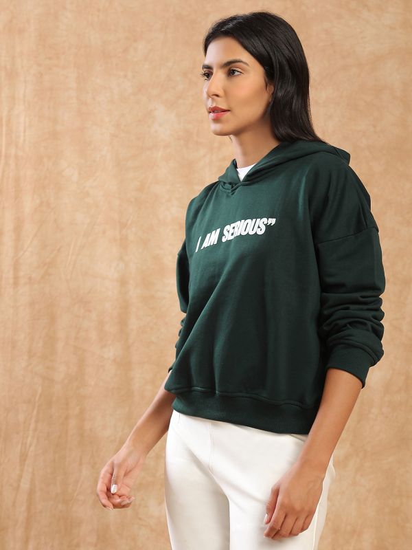 Globus Women Green Typography Print Drop Shoulder Sleeves Detail Hooded Ribbed Hem Pullover Oversized Heavy Fleece Sweatshirt 