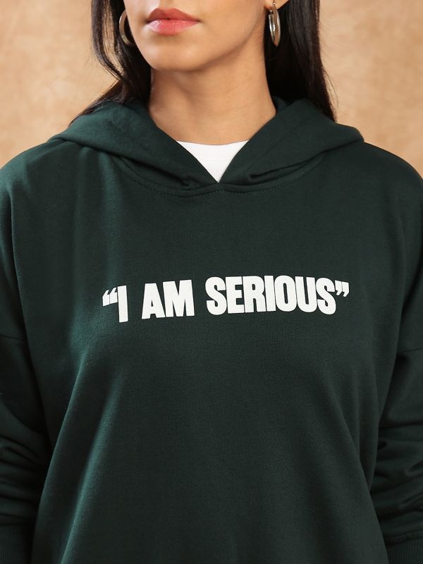 Globus Women Green Typography Print Drop Shoulder Sleeves Detail Hooded Ribbed Hem Pullover Oversized Heavy Fleece Sweatshirt 