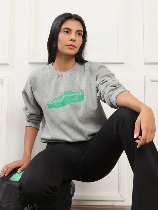 Globus Women Grey Graphic Print Drop Shoulder Sleeves Round Neck Ribbed Hem Pullover Heavy Fleece Sweatshirt 