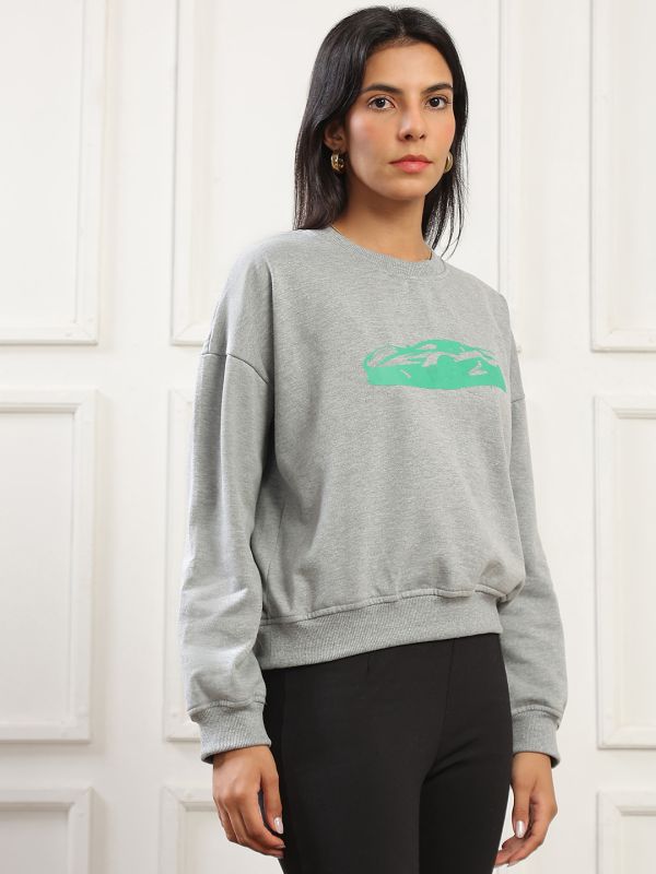 Globus Women Grey Graphic Print Drop Shoulder Sleeves Round Neck Ribbed Hem Pullover Heavy Fleece Sweatshirt 