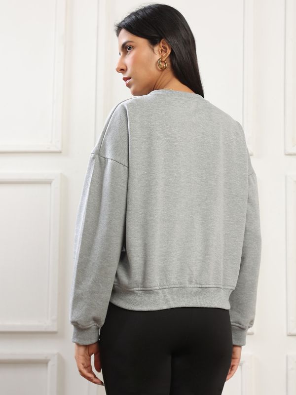 Globus Women Grey Graphic Print Drop Shoulder Sleeves Round Neck Ribbed Hem Pullover Heavy Fleece Sweatshirt 