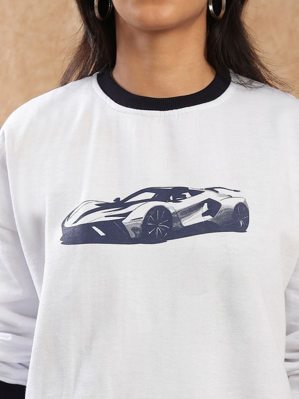 Globus Women Cream Graphic Print Drop Shoulder Sleeves Round Neck Ribbed Hem Pullover Heavy Fleece Sweatshirt 
