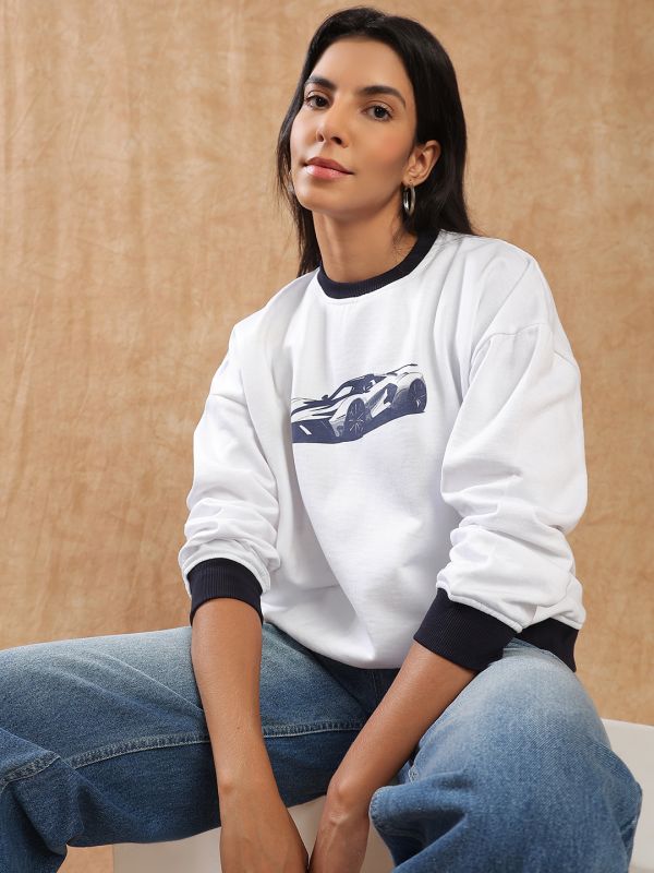 Globus Women Cream Graphic Print Drop Shoulder Sleeves Round Neck Ribbed Hem Pullover Heavy Fleece Sweatshirt 