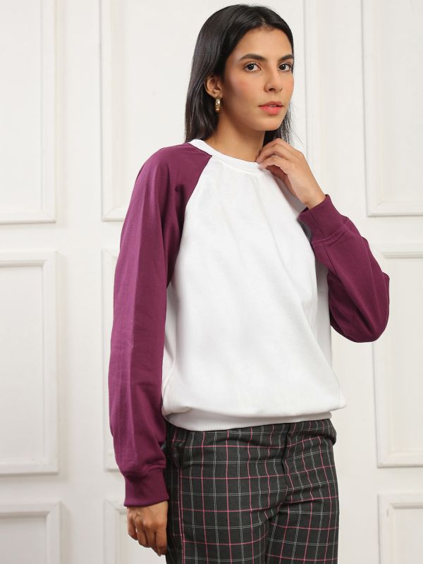 Globus Women Mauve Colorblock Round Neck Raglan Sleeves Ribbed Hem Pullover Heavy Fleece Sweatshirt