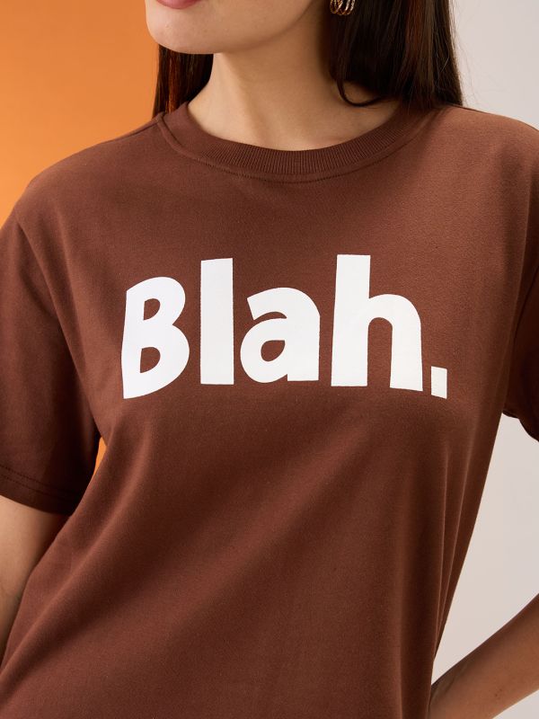 Globus Women Brown Typography Print Round Neck Short Sleeves Boxy Fit T-Shirt