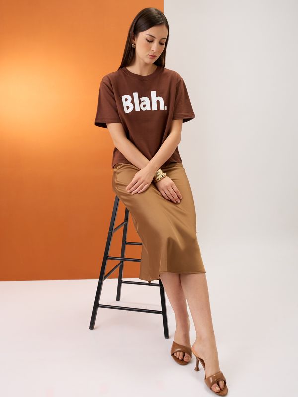 Globus Women Brown Typography Print Round Neck Short Sleeves Boxy Fit T-Shirt