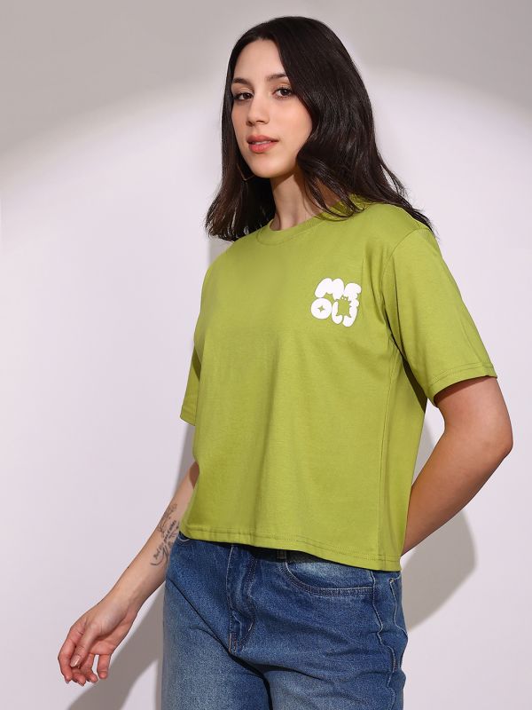 Globus Women Green Round Neck Short Sleeves Graphic Print Oversized Crop T-Shirt