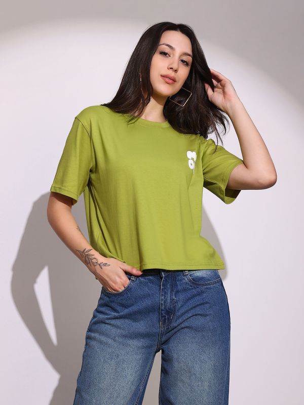 Globus Women Green Round Neck Short Sleeves Graphic Print Oversized Crop T-Shirt