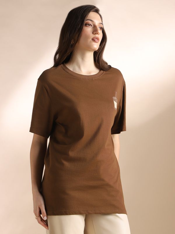 Globus Women Brown Round Neck Drop Shoulder Sleeves Graphic Back Print Oversized T-Shirt