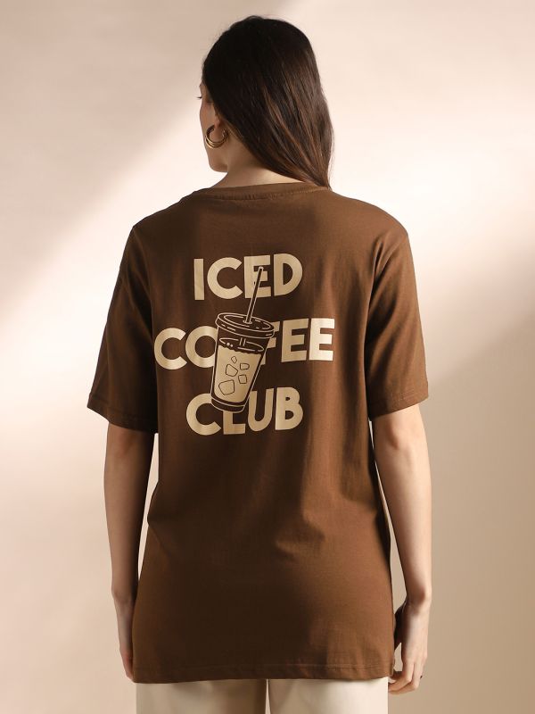 Globus Women Brown Round Neck Drop Shoulder Sleeves Graphic Back Print Oversized T-Shirt
