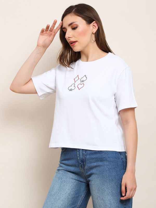 Globus Women White Round Neck Drop Shoulder Sleeves Graphic Print Sequin Detail Boxy Fit Crop T-Shirt