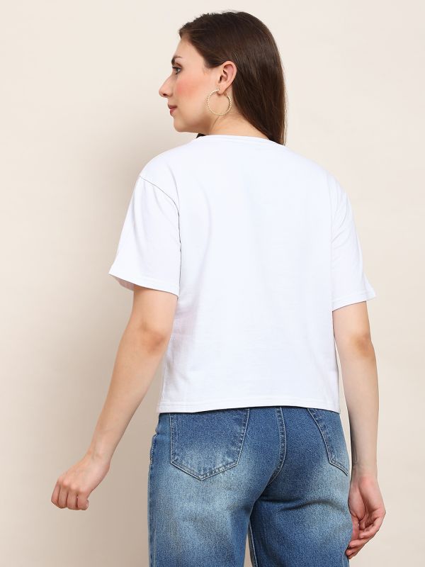 Globus Women White Round Neck Drop Shoulder Sleeves Graphic Print Sequin Detail Boxy Fit Crop T-Shirt