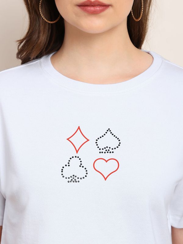 Globus Women White Round Neck Drop Shoulder Sleeves Graphic Print Sequin Detail Boxy Fit Crop T-Shirt