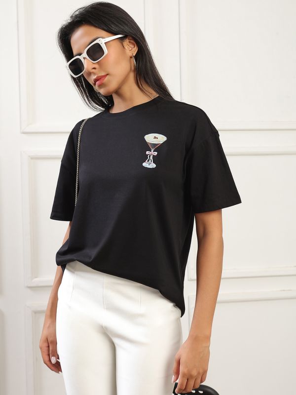 Globus Women Black Round Neck Drop Shoulder Sleeves Graphic Back Print Oversized T-Shirt