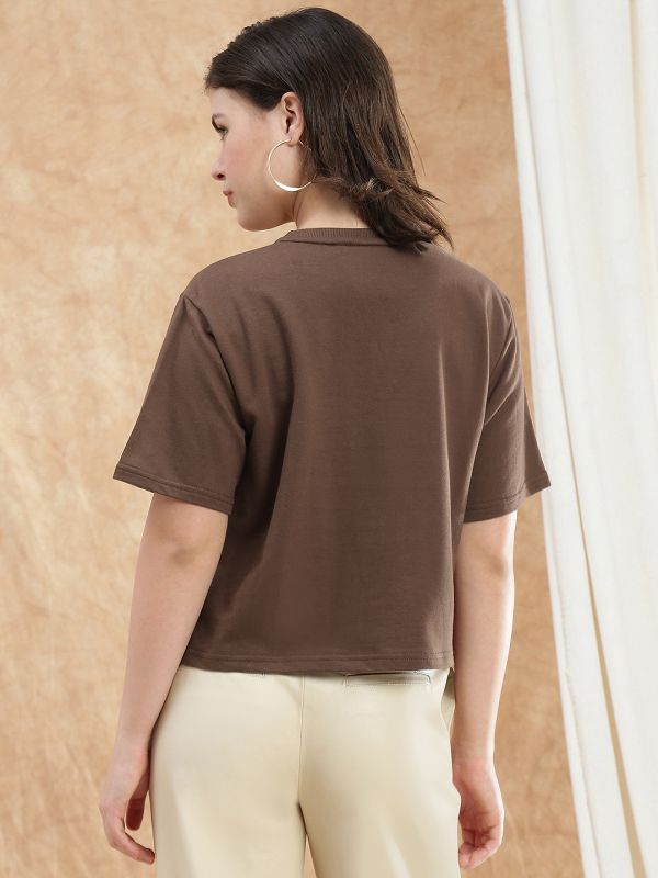 Globus Women Brown Gold Foil Graphic Print Round Neck Drop Shoulder Sleeves Boxy Crop T-shirt