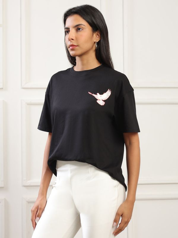Globus Women Black Round Neck Drop Shoulder Sleeves Graphic Back Print Oversized T-Shirt