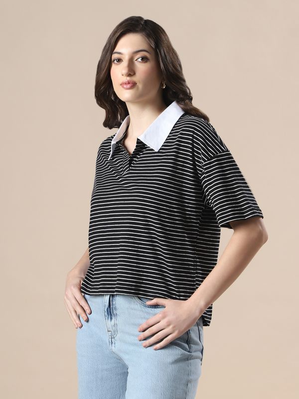 Globus Women White & Black Striped Collared Neck Short Sleeves Boxy Fit T-Shirt