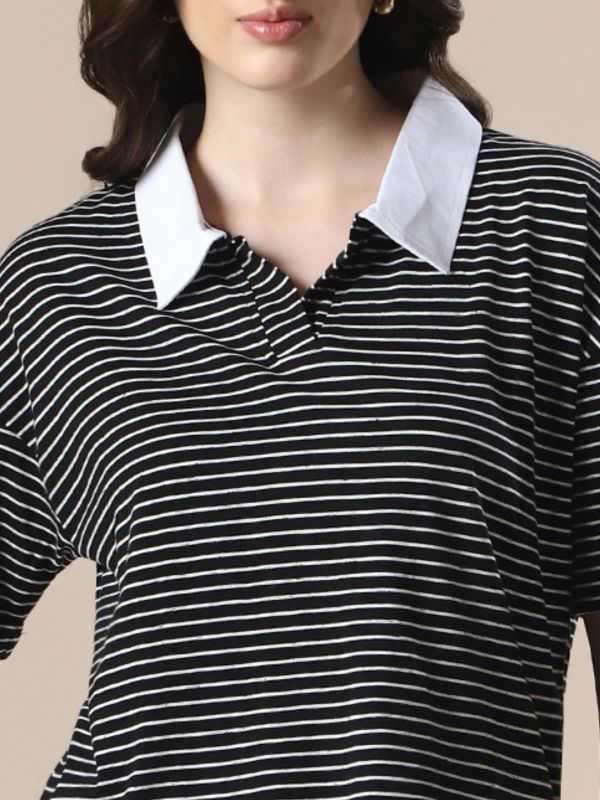 Globus Women White & Black Striped Collared Neck Short Sleeves Boxy Fit T-Shirt