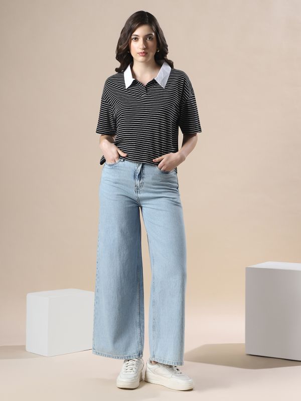 Globus Women White & Black Striped Collared Neck Short Sleeves Boxy Fit T-Shirt
