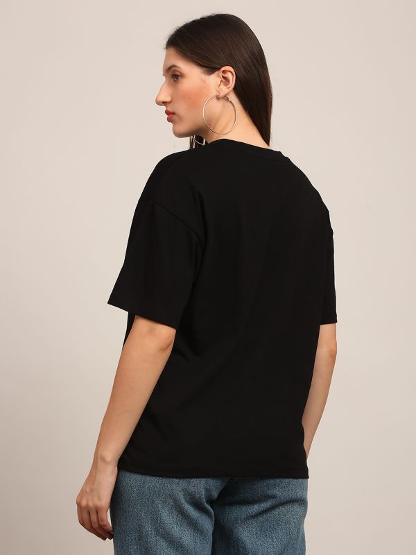 Globus Women Black Graphic Print Round Neck Drop Shoulder Sleeves Oversized T-Shirt
