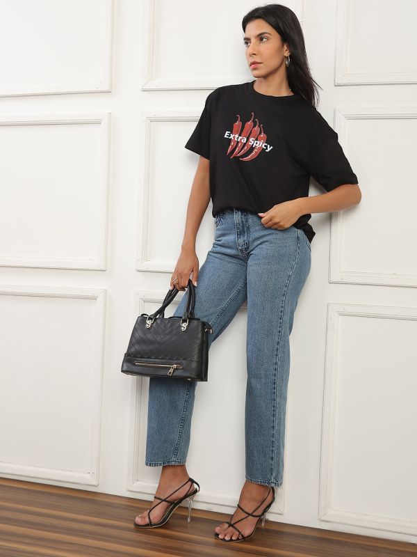 Globus Women Black Round Neck Drop Shoulder Sleeves Graphic Print Oversized T-Shirt