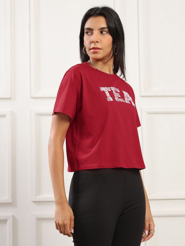 Globus Women Red Round Neck Short Sleeves Graphic Print Boxy Fit T-Shirt