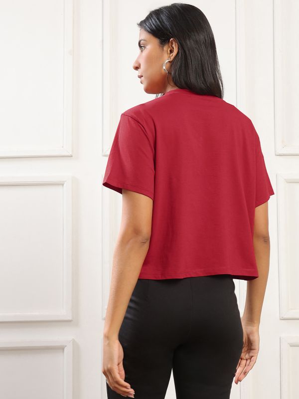 Globus Women Red Round Neck Short Sleeves Graphic Print Boxy Fit T-Shirt