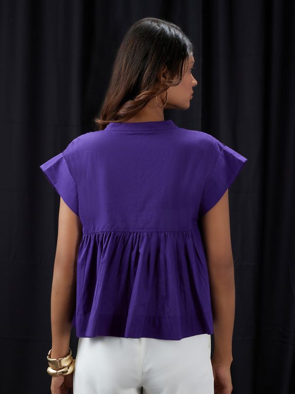 Globus Women Purple Mandarin Collar Gathered & Pleated Detail Cap Sleeve Top