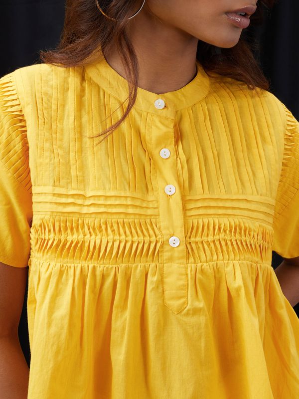 Globus Women Yellow Mandarin Collar Gathered & Pleated Detail Cap Sleeve Top
