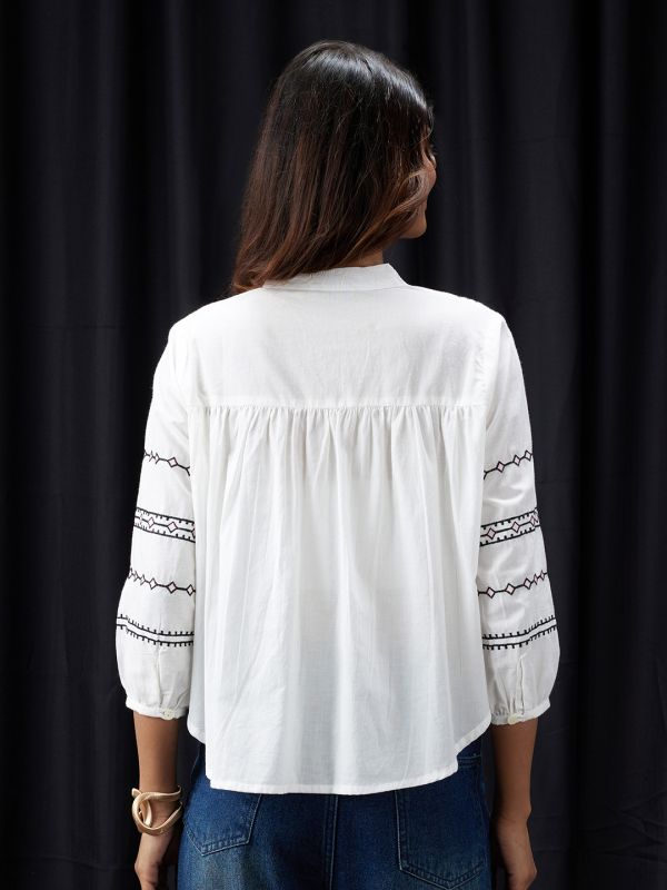 Globus Women White Embroidered Mandarin Collar Gathered & Pleated Detail Shirt Style Top