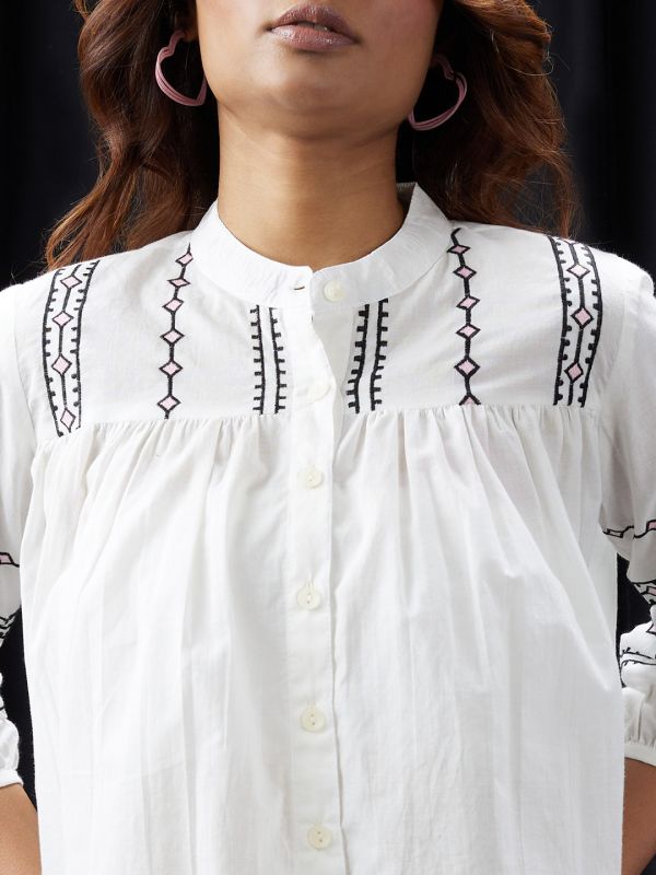Globus Women White Embroidered Mandarin Collar Gathered & Pleated Detail Shirt Style Top
