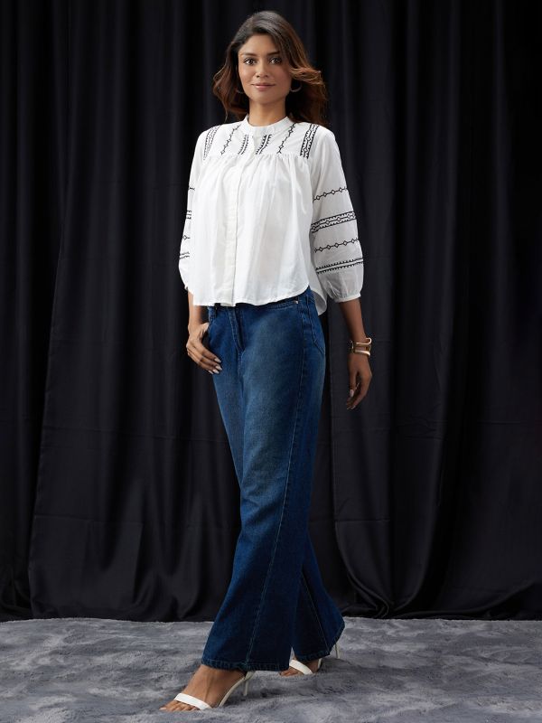 Globus Women White Embroidered Mandarin Collar Gathered & Pleated Detail Shirt Style Top