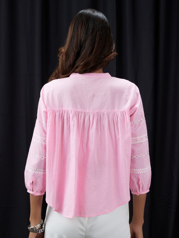 Globus Women Pink Embroidered Mandarin Collar Gathered & Pleasted Detail Shirt Style Top