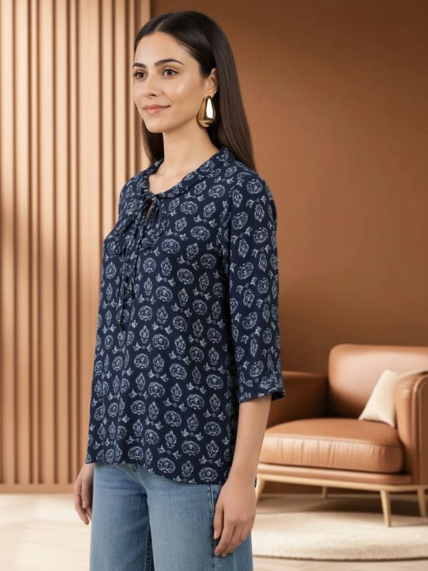 Globus Women Navy Blue Tie-Up Neck Ethnic Print Frill Detail Top
