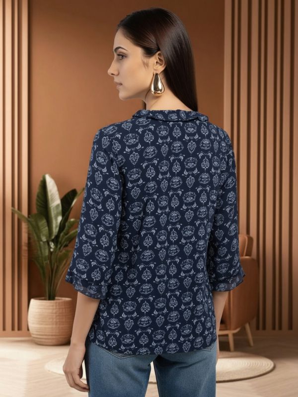Globus Women Navy Blue Tie-Up Neck Ethnic Print Frill Detail Top