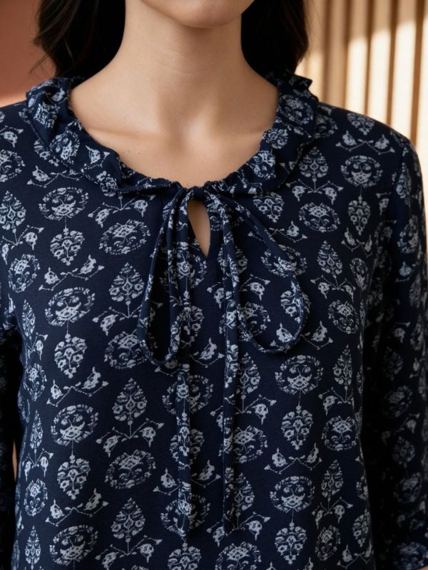 Globus Women Navy Blue Tie-Up Neck Ethnic Print Frill Detail Top