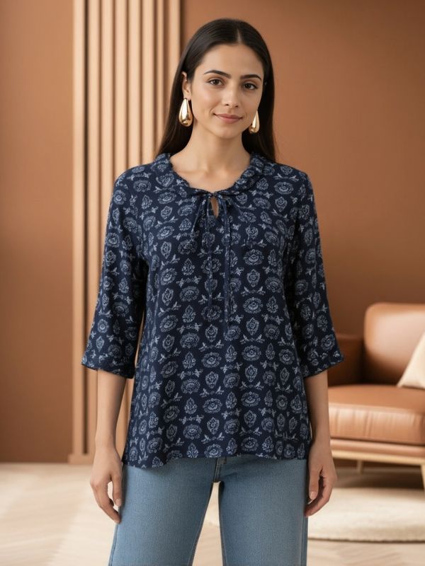 Globus Women Navy Blue Tie-Up Neck Ethnic Print Frill Detail Top