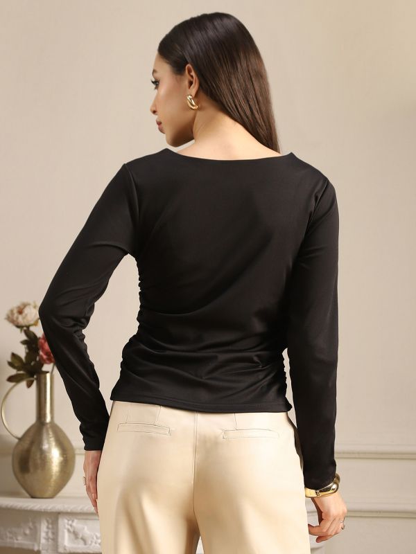 Globus Women Black Keyhole Neck Long Sleeves Solid Ruched Detail Top
