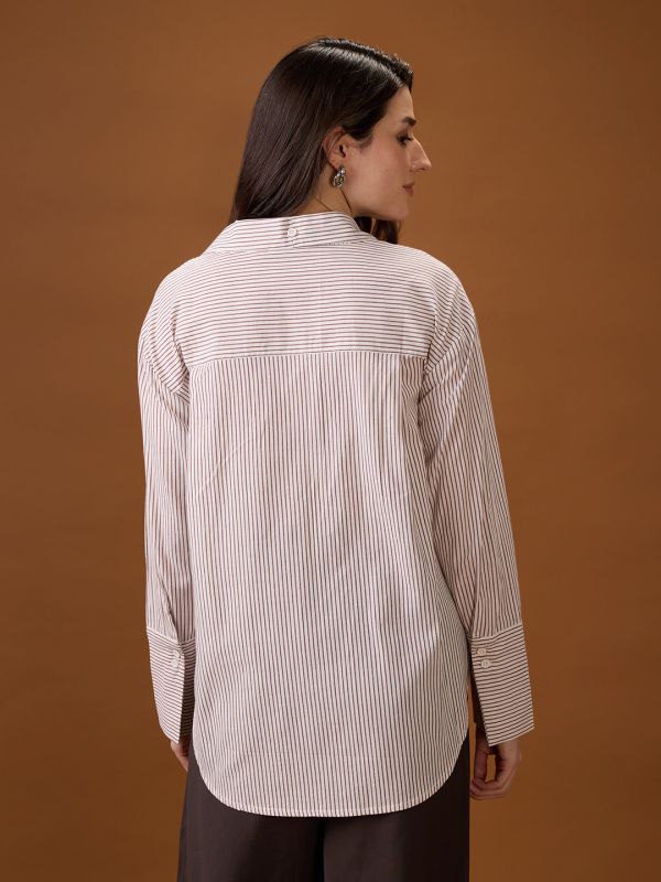 Globus Women Brown Mandarin Collar Cuffed Sleeves Striped Tie Detail High-Low Hem Workwear Shirt