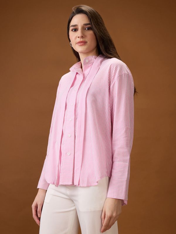 Globus Women Pink Mandarin Collar Cuffed Sleeves Striped Tie Detail High-Low Hem Workwear Shirt